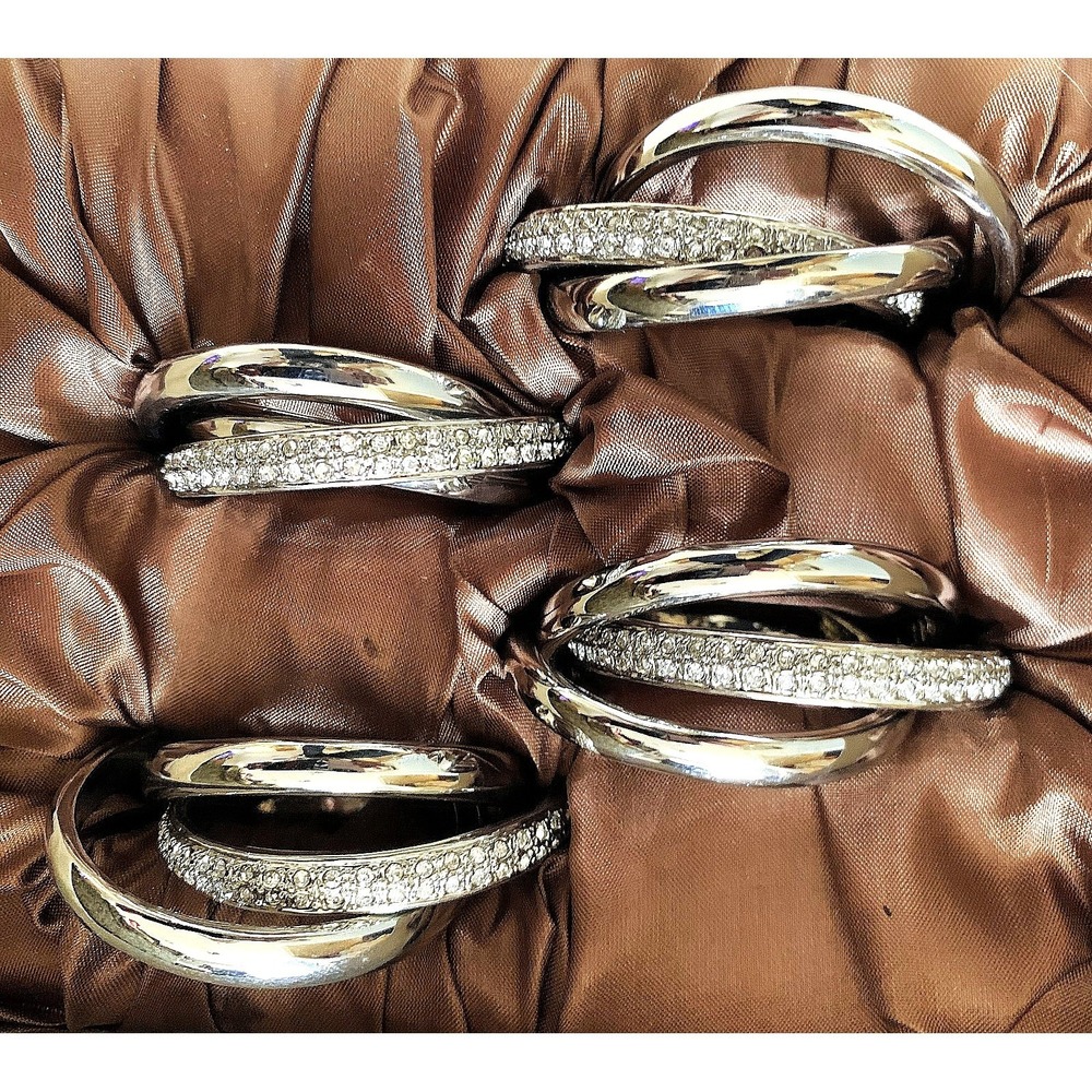 L'OBJET Platinum Swarovski Pave Crystal 3‑Ring Napkin Jewelry Set of 4 w/ Box